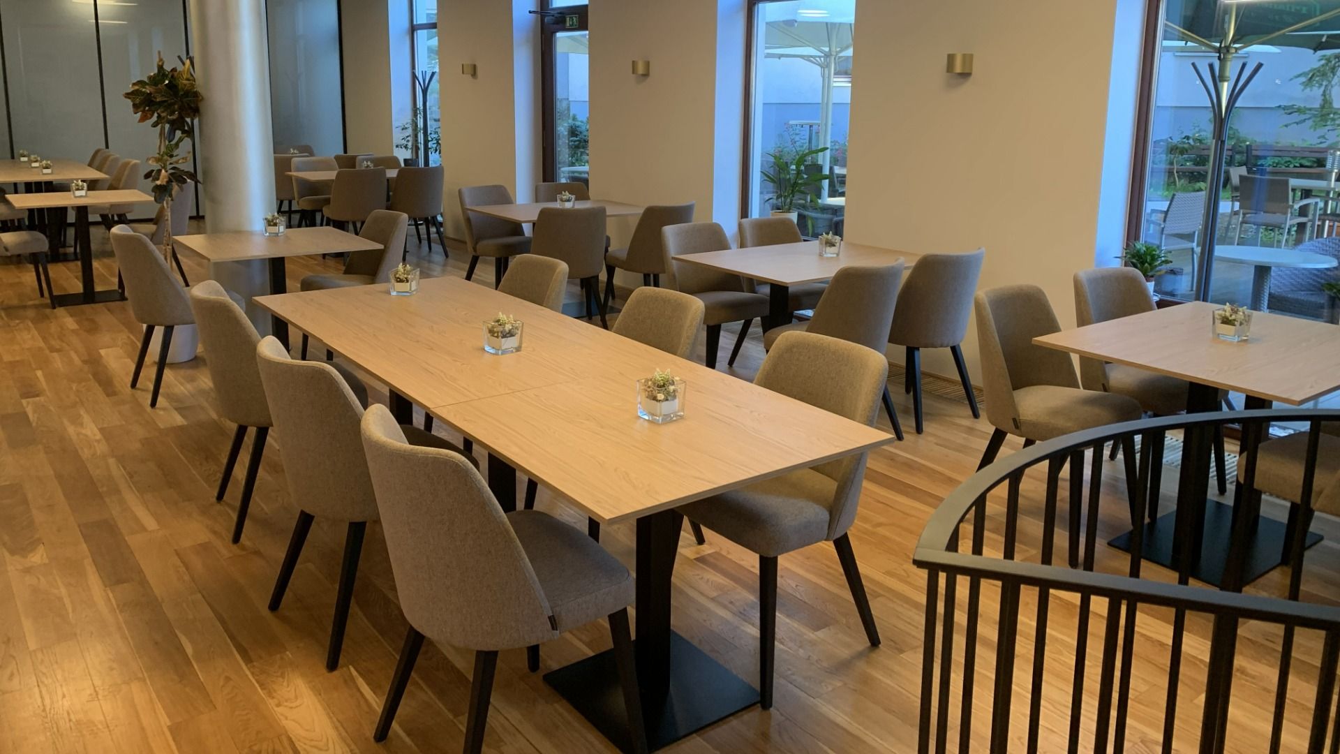 Das Hotel Biograf verfügt über einen modernen Speisesaal mit hellen Holztischen, beigen Polsterstühlen, Sukkulenten in Töpfen als Tischdekoration, Holzböden und großen Fenstern, die den Raum mit Tageslicht durchfluten.