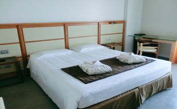 Außenansicht des Hotels Ziba & Spa mit Pool, Liegestühlen, umgeben von Bäumen und Pflanzen.